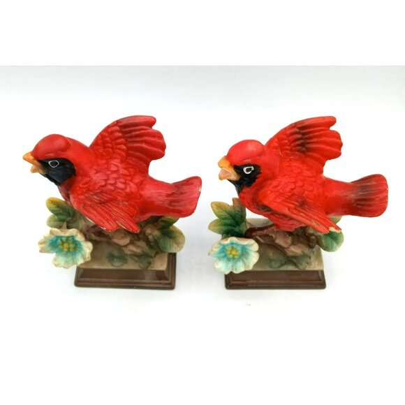 Bird Figurines Cardinals Hand Painted Ceramic Perched Flower Vintage Pair 4.25" - Picture 5 of 15